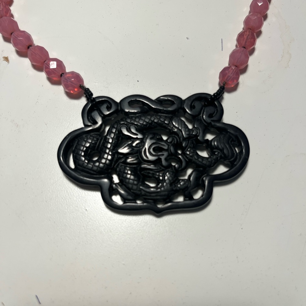 Chinese Carved Onyx, Rose Quartz Beads Necklace Pendant